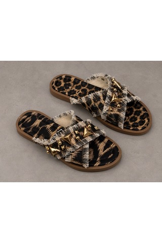 Dabab Shoes Helıa Kadın Gold Taş Detaylı Hasır Dokulu Fraseli Leopar Terlik