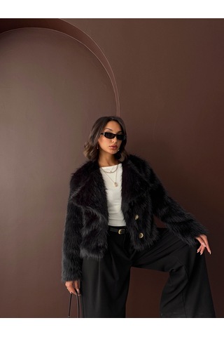 Verymoda Tavşan Tüyü Dügmeli Kaban F1970 Siyah