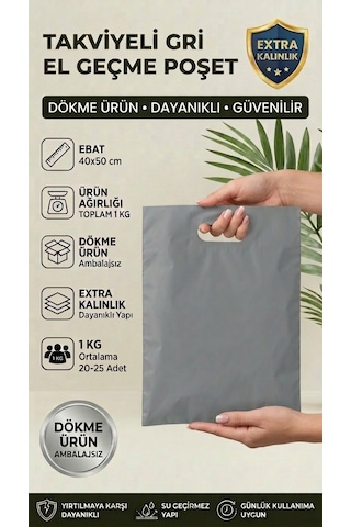 40x50 Gri Takviyeli El Geçme Poşet