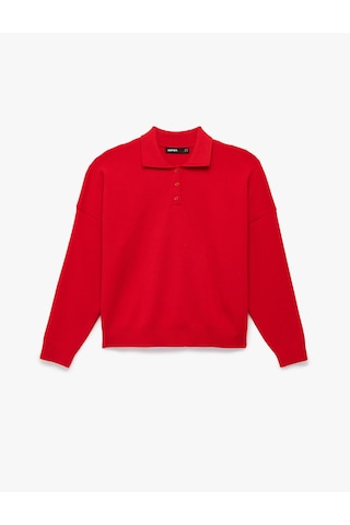 Koton Uzun Kollu Düğmeli Polo Yaka Oversize Triko Kazak Kırmızı 6sak90121ht Kırmızı