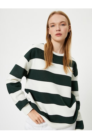 Koton Bisiklet Yaka Sweatshirt Relax Fit Uzun Kollu Yeşil Çizgili 5wal10038ık Yeşil