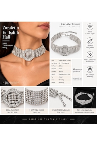 Valmont Kristal Taşlı 32+11 Cm Choker Işıltılı Şık Kadın 9 Sıra Su Yolu Tasma Kolye Gümüş