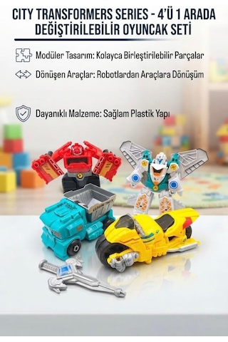 City Transformers Series 4'ü 1 Arada Dönüşümlü Robota Dönüşen Araçlar Eğlenceli Oyuncak Seti