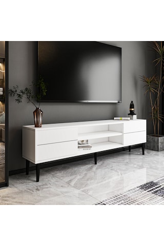 Aragon Modern Tv Sehpası 140 Cm, 2 Kapaklı + 2 Açık Raflı, Siy...