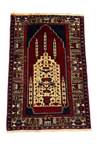 El Dokuma Sıfır Adana Yörük Halısı 100x150 Krem Kırmızı %100 Kök Boya Yün Halı