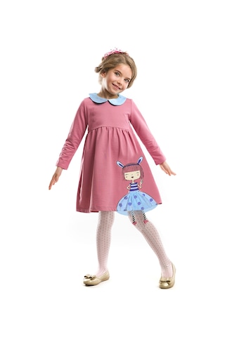 Denokids Kız Çocuk Kışlık Tavşan Desenli Gül Kurusu Uzun Kollu Fırfırlı Elbise 2-8 Yaş