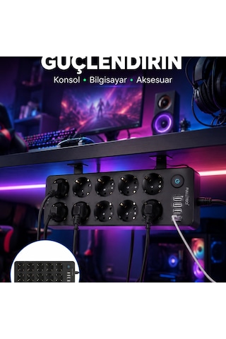 Usb Ve Type-c Çıkışlı 10'lu Akım Korumalı Çoklu Priz Güç Dağıtıcı Diğer