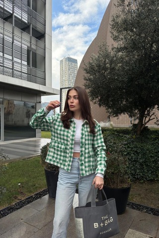 Kadın Yeşil Çift Cepli, Pötikare Desenli, Rahat Kalıp, Kısa Tüvit Ceket Benetton