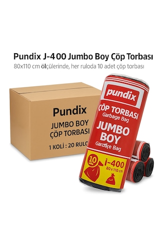 Pundix Pundıx J400 Endüstriyel Çöp Poşeti 80x110 Cm Siyah Jumbo Boy Kalın Seri 1 Koli 20 Rulo / 200 Adet Dayanıklı, Sızdırmaz Ve Geniş Hacimli Çöp Torbası