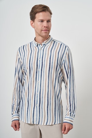 Morven Erkek İndigo Keten Çizgili Desen Düğmeli Yaka Slim Fit Gömlek 25ys004009308 İndigo İndigo