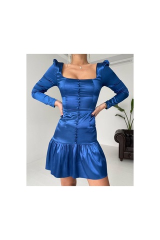 Munora Butik Önü Düğmeli Saten Mavi Elbise Mavi Mavi