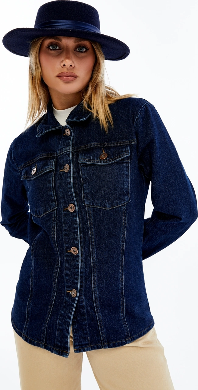 Kadın Denim Ceket Uzun Kollu Jean Ceket, Şık Ve Günlük Kombin Koyu Mavi