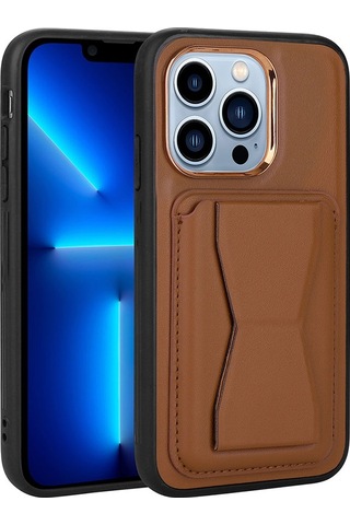 Zeyline Apple Uyumlu iPhone 12 Pro Max Kartlıklı Standlı Pu Deri Zore Memo Kapak-kahverengi