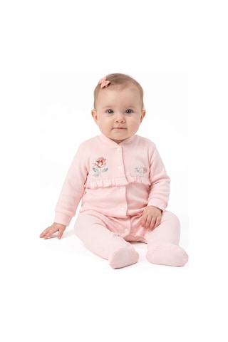 Bebegen Kız Bebek Ekru Somon Gül Nakışlı Kanaviçe Çıtçıtlı Patikli Tulum