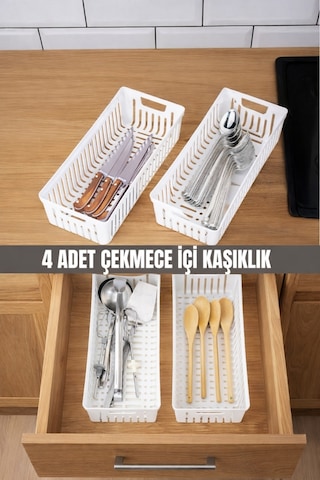 4 Lü Beyaz Mutfak Çekmece Düzenleyici Kaşık Çatal Bıçak Organizatörü Plastik Saklama Kutusu Plasti Diğer