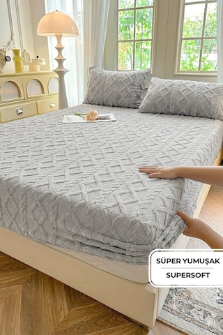 Süper Yumuşak Jakar Kadifemsi Peluş Lastikli Fitted Çarşaf Seti Kaymaz Tek/çift Kişilik Gri Açık Gri