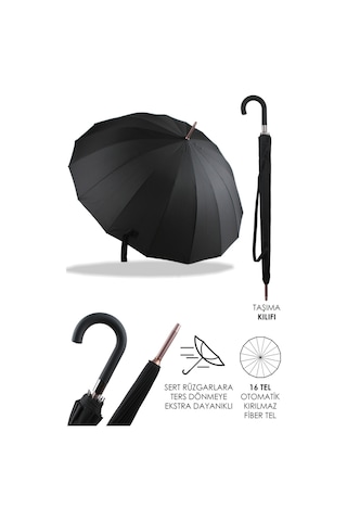 Marlux 16 Telli Fiberglass Kırılmaz Rüzgar Korumalı Lüx Premium Şemsiye Mar10141 - Siyah