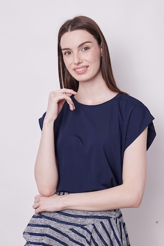 Jument Şık Likralı Span Kumaş Kolsuz Geniş Sıfır Yaka Düşük Omuzlu Basic Tshirt Bluz-lacivert Lacivert
