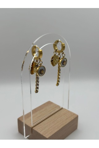 Arnes Jewelry Çelik Sallantılı Zirkon Taşlı Yapraklı Küpe Ar253nes Gold