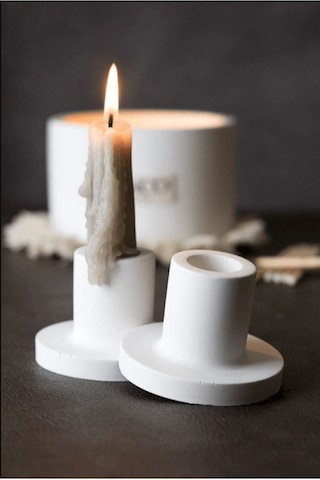 2'li Beyaz Betondan Şamdan Mumluk, Şamdan Mumluk, Beyaz Uzun Mumluk, Minimal Şamdan Mumluk. Beyaz