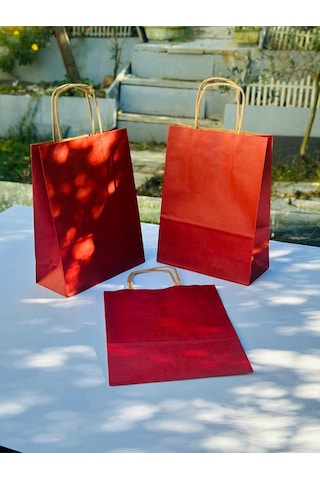 1.kalite 18x8x24 Cm 3 Lü Bordo Renkli Kraft Kağıt Çanta, Hediye Poşeti, Hediye Paketi, Kraft Çanta