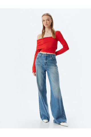Koton Tek Omuz Bluz Asimetrik Yaka Drapeli Uzun Kollu Slim Fit Kırmızı 5wal60019ık