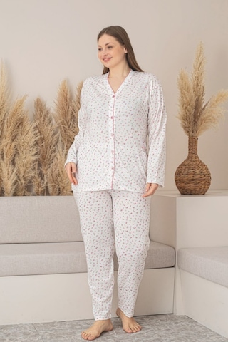 X-dreamy Büyük Beden Pamuklu Çiçekli Önden Düğmeli Pijama Takımı Ekru