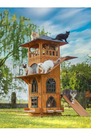 Mandu Ahşap 4 Katlı Teraslı Kedi Evi Tırmalama + Mama Kaplı