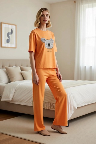 Benerly Kadın Bisiklet Yaka Standart Kol Regular Kalıp Pijama Takımı Fonk turuncu
