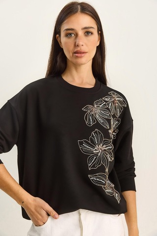 Shade Kadın Bisiklet Yaka Çiçek Boncuk İşlemeli Relaxed Sweatshirt 1572 60283809 - Siyah