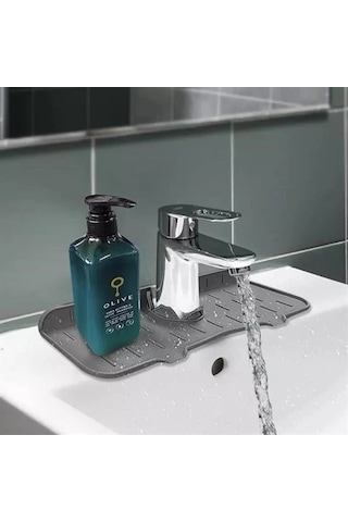Lavabo İçin Silikon Esnek Mat Musluk Sapı Damlama Tutucu Raf Mutfak Tezgahı Sıçrama Koruma Gri
