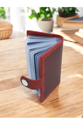 Cronder Hakiki Deri Şeffaf Bölmeli Kartlık Cüzdan Kırmızı