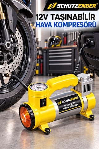 12v Araç Çakmak Girişli Taşınabilir Hava Kompresörü 150 Psı Göstergeli Ve Işıklı Lastik Şişirme Pompası Sarı