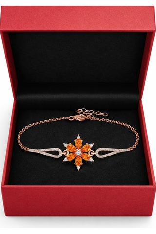 Çekirdekjewelry 925 Ayar Gümüş Turuncu Taşlı Çiçek Bileklik Pembe