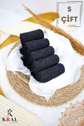 Kral Socks Erkek Kışlık Termal Etkili 5'li Paket Lambswool Kuzu Yün Çorap Siyah