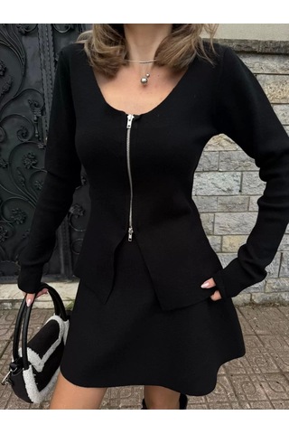 İkili Fermuarlı Hırkalı Etekli Takım - Siyah Siyah