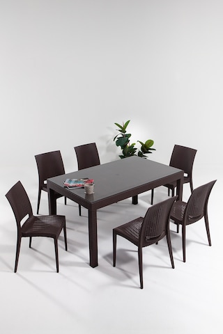 Rattan Large Camlı Kahve Masa Takımı Bahçe&balkon 1 Camlı Masa + Kahverengi