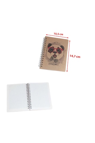 Metal Spiralli 80 Yaprak Kareli A6 Not Defteri Panda Baskılı Bloknot Ebat: 14,7 Cm X 10,5 Cm Kahverengi