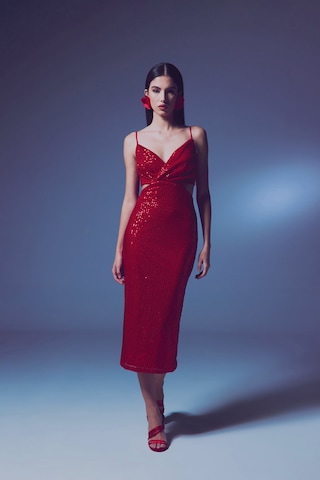 Dekolteli Payet Elbise - Kırmızı-135646 Kırmızı