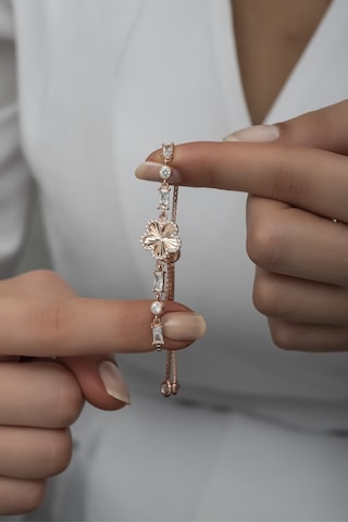 Nereze 925 Ayar Gümüş Asansörlü Baget Taşlı Rose Yonca Bileklik