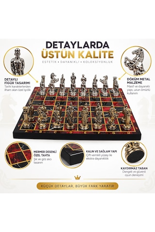 Lüks Metal Satranç Takımı Osmanlı Bizans Figürlü Krom Kırmızı Mermer Desenli 20 X 20 Premium Hediye