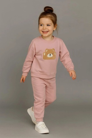 Sevimli Ayıcık Nakışlı %100 Pamuk 2 Li Çocuk Eşofman Takımı Gül Kurusu