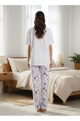 Penye Galaksi Desenli Pijama Seti Rahat Kesim, Yumuşak Dokulu Bej
