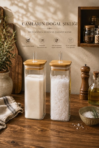 Porsima Cubes 2'li Bambu Kapaklı Borosilikat Cam Yağlık Ve Saklama Kabı Seti 525 Ml 9x18 Cm Cam Şeffaf