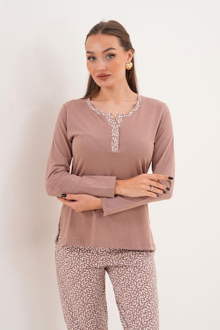 Çift Kaplan Kadın Pamuk Minimal Desen Açık Yaka Patlı Toprak Pijama Takımı 7033 Haki