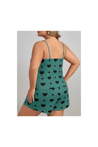 Lily Bianca Nightwear Desenli Askılı Ve Şortlu Büyük Beden Penye Gecelik Yeşil