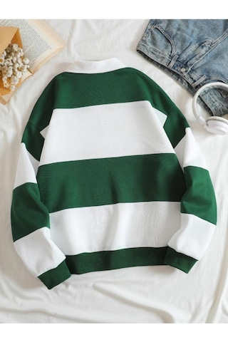 Altamira Unisex Çizgili Oversize Polo Yaka Yarım Fermuarlı Sweatshirt 001