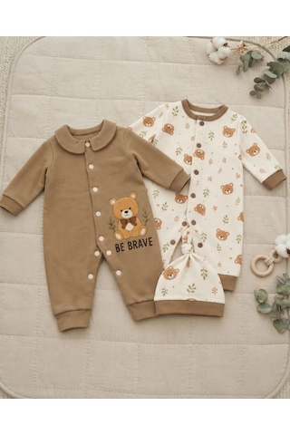 Newworld Unisex Ayıcık Figürlü Tulum Seti Asorti Tekli Kahverengi