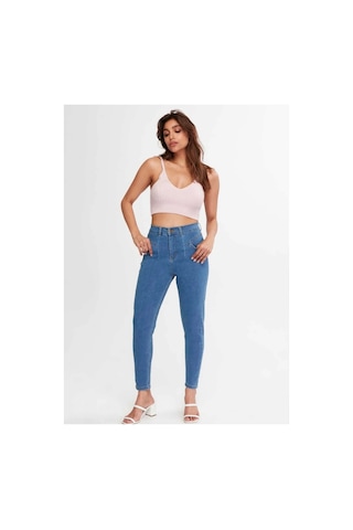 Kene Jeans Yüksek Bel Ön Conta Çımalı Esnek Dar Paça Mavi
