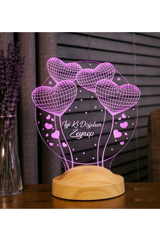 Doğum Günü Hediyesi, Sevgiliye, Arkadaşa İsimli Doğum Günü Hediyesi, Kişiye Özel Balon Kalpler Kişiye Özel 3D Led Lamba